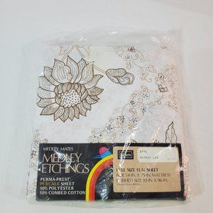 Vintage SEARS Medley Etchings Perma-Prest Tan Brown Floral Full Flat Sheet  NOS
